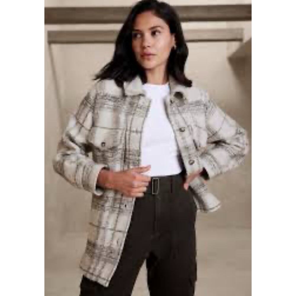 BANANA REPUBLIC Plaid Long Sleeve Shacket wool blend Women's Size XL Oatmeal NWT